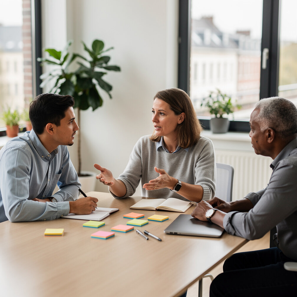 Small group of colleagues discussing around a table with notes