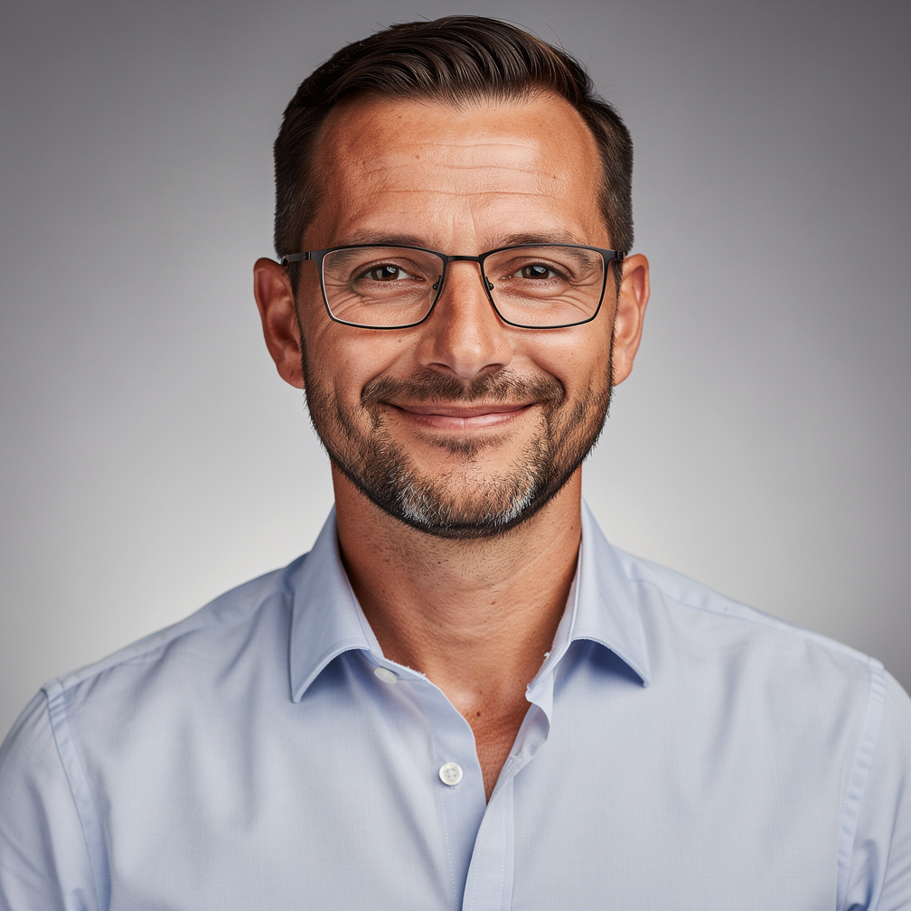 Studio portrait of a Belgian man with glasses and a beard