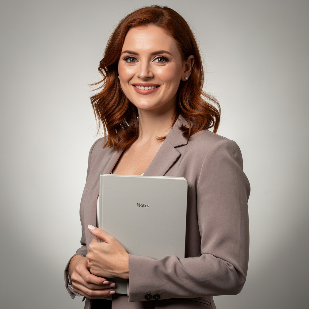 Portrait of a smiling Belgian woman holding a notebook
