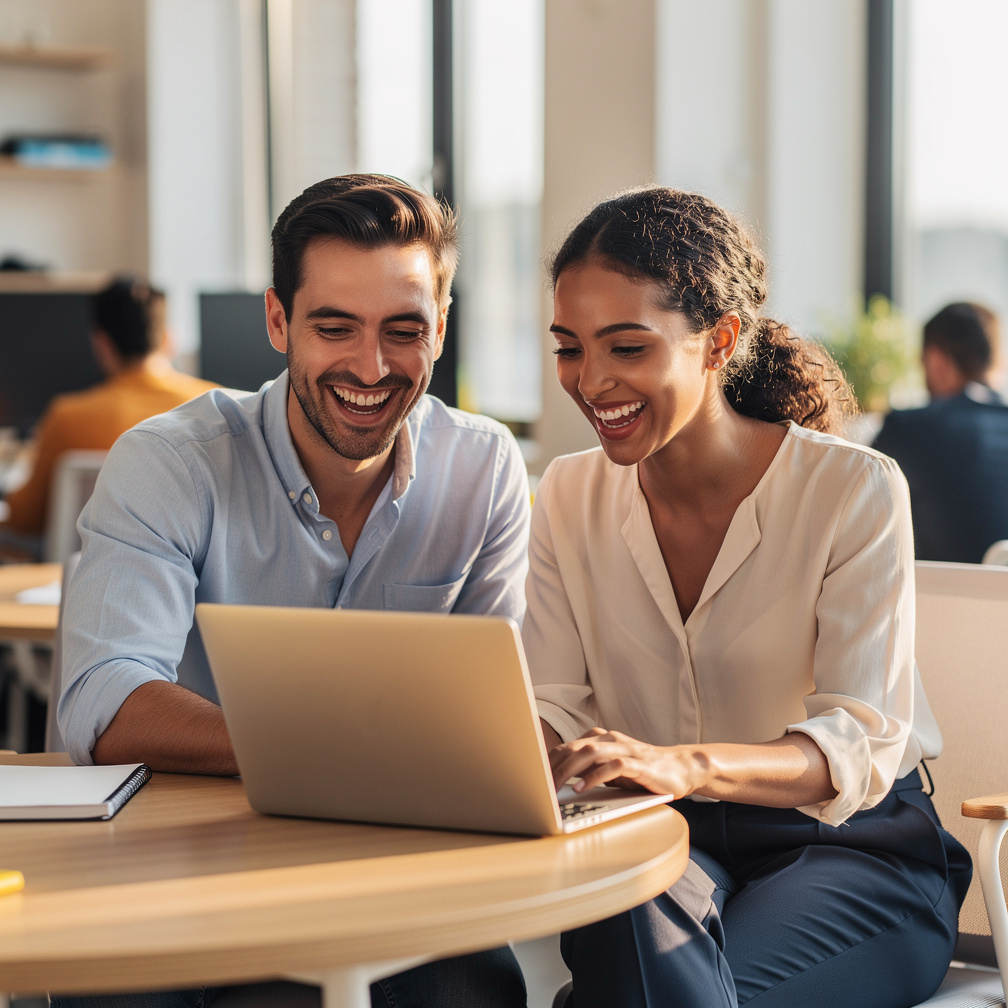 Diverse colleagues laughing together in a bright Belgian office